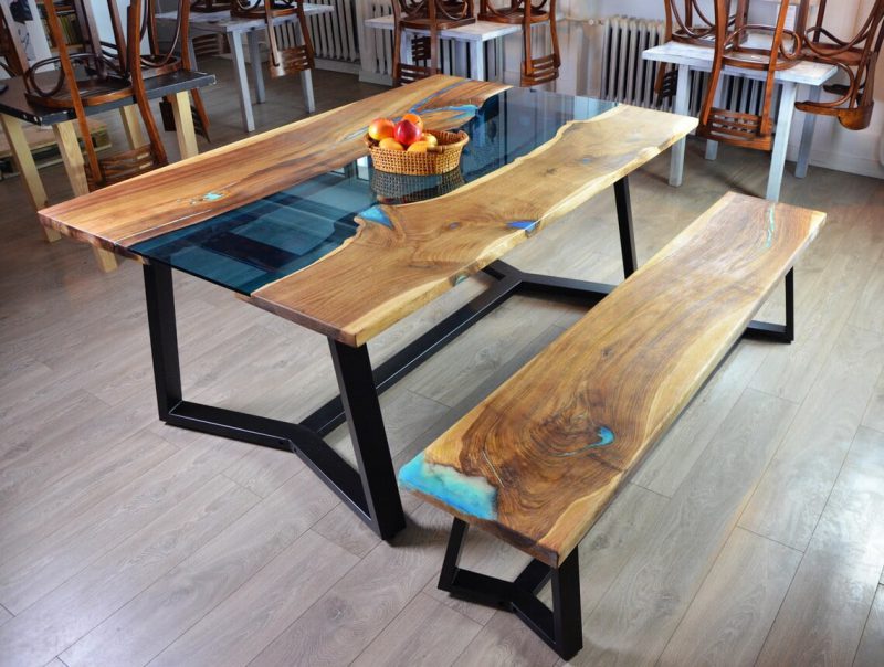 Dining Table with Bench and Glowing Resin Fill In