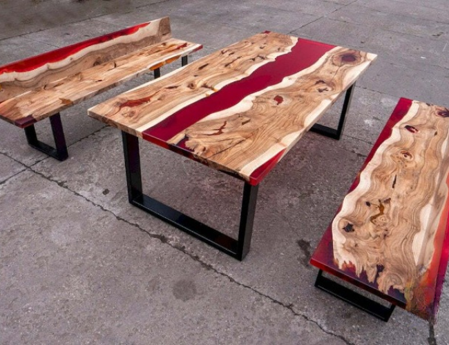 Dining Table with Red Resin River and Two Benches