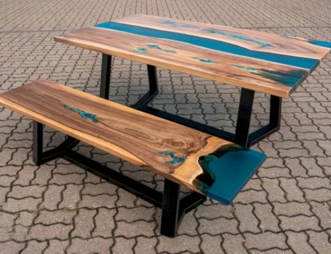 Epoxy Resin River Dining Table with Bench