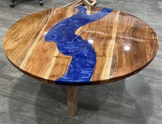 Round Shiny Top with Blue Resin Streak Live Edge Coffee Table