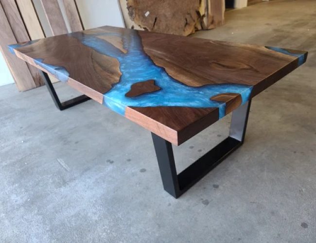 Blue Resin Shiny Top Live Edge Coffee Table