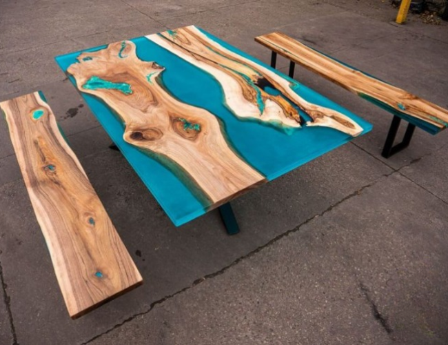 Dining Table with Resin River and Two Benches with Glowing Inlay