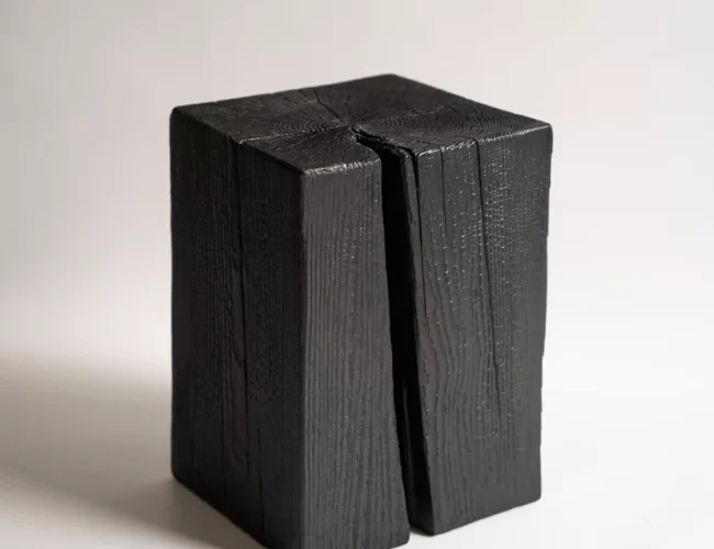 Pine cube Yakisugi side table – Wooden stump coffee table.